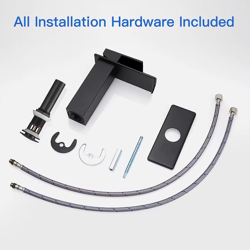 BWE Black Bathroom Faucet Modern Waterfall Matte Black Bathroom Sink Faucet Single Hole with Pop Up Drain Parts Spout Bath Lavatory Vanity Stopper Overflow and Supply Hose Single Handle - Image 5